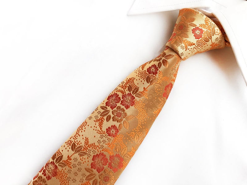 Ctskyte Mens Orange Yellow Tie Floral Woven Silk Formal Self Necktie Fashion Accessories - Image 5